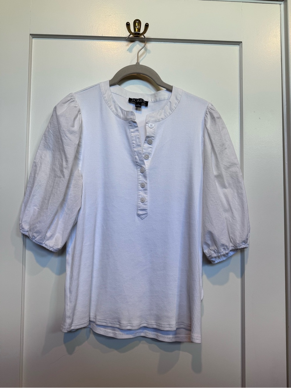 J. Crew White Short Sleeve Puff Sleeve Henley Top Size Large